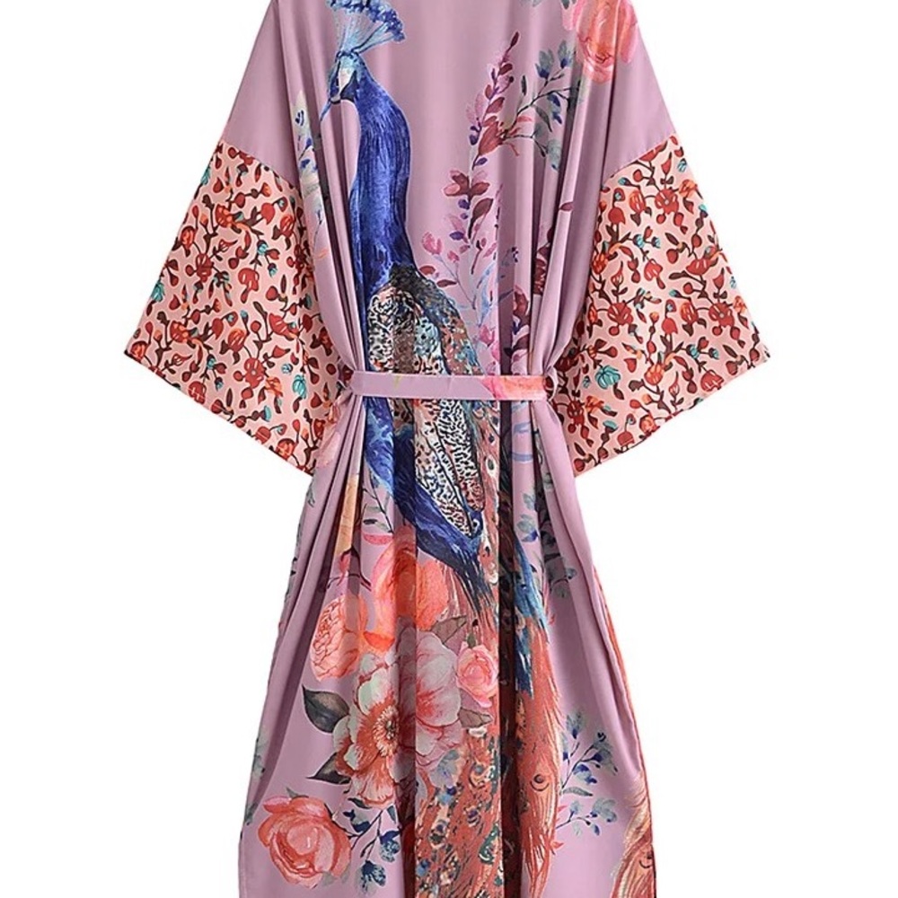 Boho Silky Long Robe Belted Bohemian Oversized duster long dressy floral Kimono - Picture 2 of 3